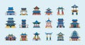 Traditional china buildings. Ancient japan or china houses cultural places for travellers garish vector cartoon set