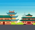 Traditional chinese, asian street with chinese buildings, pagoda, temple, house. China town city landmarks landscape, Japan