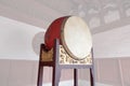 Traditional Chinese big drum on wooden frame with dragon relief in a temple, this traditional drum were usually pounded in