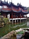 Traditional Chinese buildings, lake and fishes in Shanghai city. Nature and art