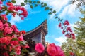 The traditional Chinese cornice decorated with exquisite relief of mythical animals, looking through flowering shrubs in a garden