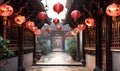 Traditional Chinese courtyard architecture with red lanterns hanging in a serene alleyway, embodying ancient cultural heritage and Royalty Free Stock Photo