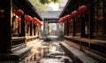 Traditional Chinese courtyard architecture with red lanterns hanging in a serene alleyway, embodying ancient cultural heritage and Royalty Free Stock Photo