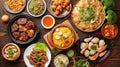 Traditional Chinese dishes assortment on the wooden table, top view. Royalty Free Stock Photo