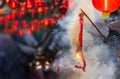 Traditional Chinese firecrackers are exploding with flashes and smoke in Lunar new year Royalty Free Stock Photo