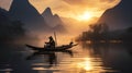 Traditional Chinese Fisherman At Sunrise On River