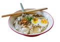 Isolated chinese food in thailand by angle view, Local white noodle with steam in chicken soup, topping by pressed pork boiled Royalty Free Stock Photo