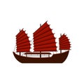 Traditional Chinese junk boat with red sails. Old wooden sailing ship. Asian marine vessel. Symbol of Hong Kong. Flat Royalty Free Stock Photo