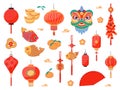 Traditional chinese lanterns. Cartoon asian red paper lamps, lucky symbols, holiday elements, festival street new year