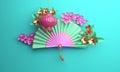 Traditional Chinese lanterns lampion, paper cut cloud, sakura, cherry blossom, paper fan on blue pastel background.