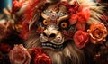 Traditional Chinese lion dance mask surrounded by red peonies symbolizing prosperity and good fortune Royalty Free Stock Photo