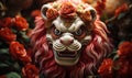 Traditional Chinese lion dance mask surrounded by red peonies symbolizing prosperity and good fortune Royalty Free Stock Photo