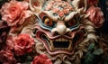 Traditional Chinese lion dance mask surrounded by red peonies symbolizing prosperity and good fortune Royalty Free Stock Photo