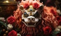 Traditional Chinese lion dance mask surrounded by red peonies symbolizing prosperity and good fortune Royalty Free Stock Photo