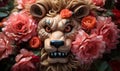 Traditional Chinese lion dance mask surrounded by red peonies symbolizing prosperity and good fortune Royalty Free Stock Photo