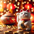 Traditional Chinese lucky cat made of porcelain with one paw raised