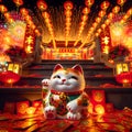 Traditional Chinese lucky cat made of porcelain with one paw raised