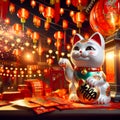 Traditional Chinese lucky cat made of porcelain with one paw raised