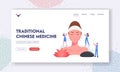 Traditional Chinese Medicine Landing Page Template. Tiny Characters Inject Needles in Huge Female Face. Acupuncture
