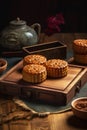 Mooncakes on the wooden background. Generative ai