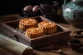 Mooncakes on the wooden background. Generative ai