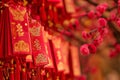 Traditional Chinese new year decorations on red background that says good luck and happiness Royalty Free Stock Photo