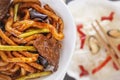 Traditional Chinese noodles with meat in soy sauce Royalty Free Stock Photo