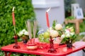 Traditional Chinese offerings for Gods. Chinese New Year Offering. The Chinese text in the photo is pronounced Shuang xi and trans