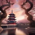 A traditional Chinese pagoda nestled among cherry blossom trees in full bloom3