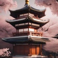 A traditional Chinese pagoda nestled among cherry blossom trees in full bloom4