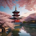 A traditional Chinese pagoda nestled among cherry blossom trees in full bloom2