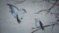 Traditional Chinese painting of flowers, plum blossom and two birds on tree Royalty Free Stock Photo