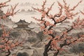 Traditional Chinese painting of plum blossom with pagoda in background Royalty Free Stock Photo