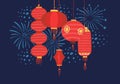 Traditional Chinese paper lanterns hanging on the top of the page and fireworks on the background. Hand drawn illustration Royalty Free Stock Photo