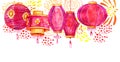 Traditional Chinese paper lanterns hanging on the top of the page. Fireworks on the background. Hand drawn watercolor sketch Royalty Free Stock Photo