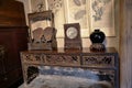 Traditional Chinese Residences interior wooden carving table and decorations in Tianshui Folk Arts Museum Hu Shi folk house, Gansu