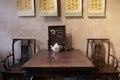 Traditional Chinese Residences interior wooden table chair scroll painting and pot in Tianshui Folk Arts Museum Hu Shi folk house