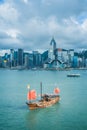 Traditional Chinese Sailing boat in the Modern Cityscape, Victoria Harbour, Hong Kong Royalty Free Stock Photo