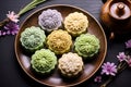 Traditional Chinese skin mooncakes for mid autumn festival with fruit, taro and matcha paste