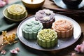 Traditional Chinese skin mooncakes for mid autumn festival with fruit, taro and matcha paste