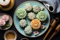 Traditional Chinese skin mooncakes for mid autumn festival with fruit, taro and matcha paste