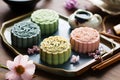 Traditional Chinese skin mooncakes for mid autumn festival with fruit, taro and matcha paste