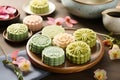 Traditional Chinese skin mooncakes for mid autumn festival with fruit, taro and matcha paste