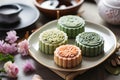 Traditional Chinese skin mooncakes for mid autumn festival with fruit, taro and matcha paste