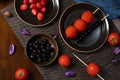 Traditional chinese snack called Tanghulu meaning crispy sugar-coated fruits,tomato,strawberry,blueberry,pear and usually shows on Royalty Free Stock Photo