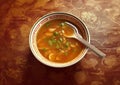 Traditional chinese soup in porcelain bowl with spoon.Top view.AI Generative Royalty Free Stock Photo