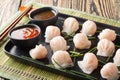 Traditional chinese steamed dumplings Dim Sums Har gow with shrimp served with sauce closeup. Horizontal Royalty Free Stock Photo