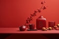 Traditional Chinese still life with red tea set and decor Royalty Free Stock Photo