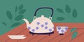 Traditional Chinese tea ceremony concept. Teapot with floral pattern, cup and saucers in retro style on wooden table Royalty Free Stock Photo