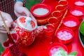 Traditional Chinese tea sets in wedding day. Pouring tea in a Chinese wedding. The Chinese text in the photo is pronounced Shuang